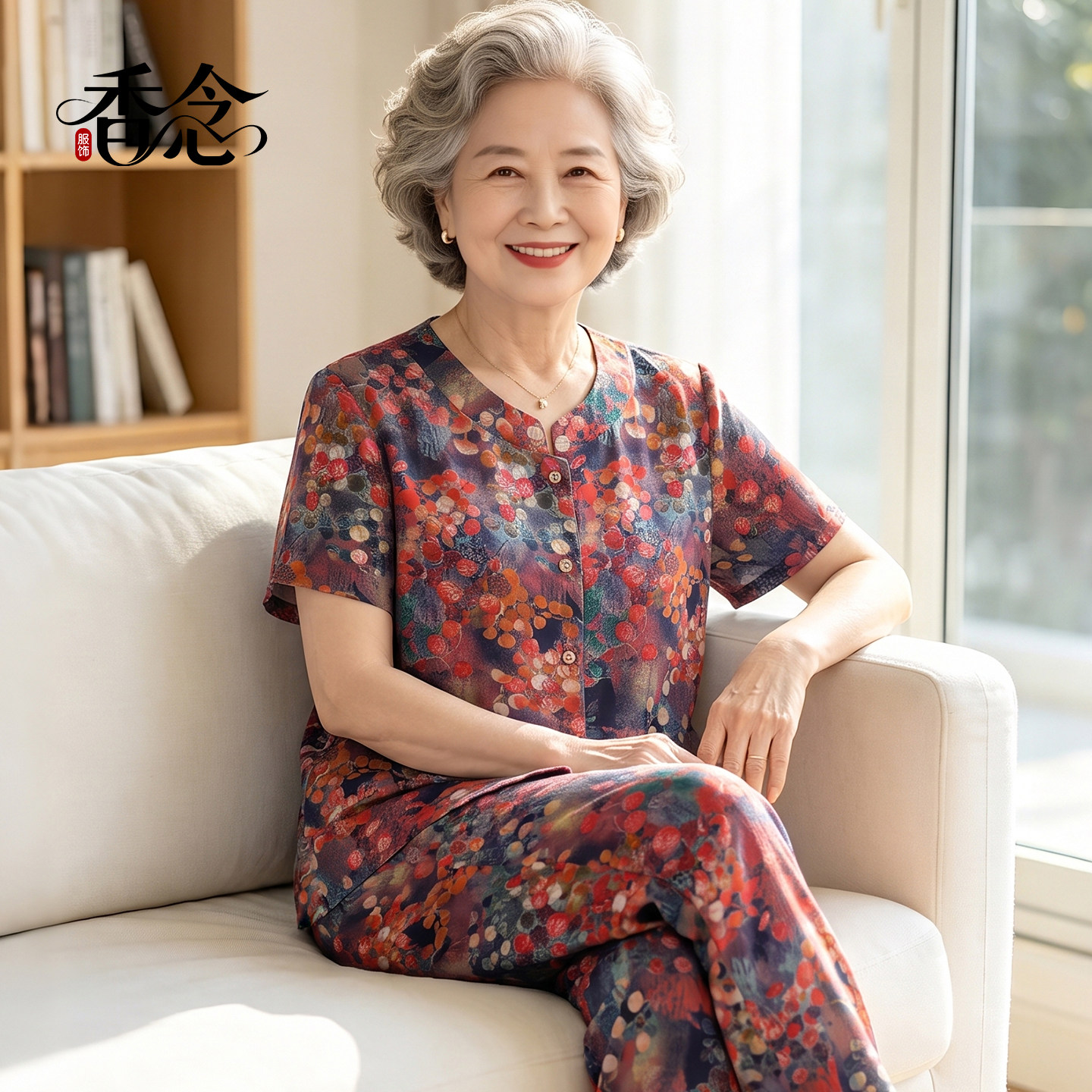 奶奶夏装棉绸短袖套装中老年人女