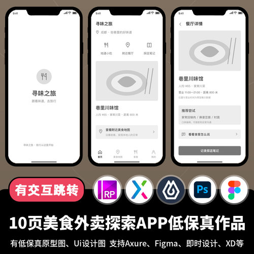 10页figma即时设计美食外卖探索APP低保真Axure交互原型作品pixso