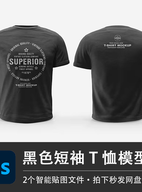黑色短袖上衣休闲健身圆领T恤样机提案VI贴图效果PSD服装设计素材
