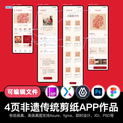 4页figma即时设计非遗文化剪纸窗花Axure交互原型APP作品pixso/PS