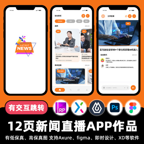 12页Figma新闻直播资讯APP即时设计交互跳转作业Axure原型xd素材