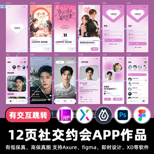12页社交约会恋爱APP即时设计交互跳转Figma作业Axure原型psd素材