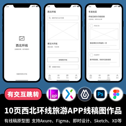 10页figma即时设计西北环线旅游APP线稿图Axure交互原型作品ps/xd