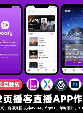 12页Figma播客电台直播APP即时设计xd交互跳转作业Axure原型素材