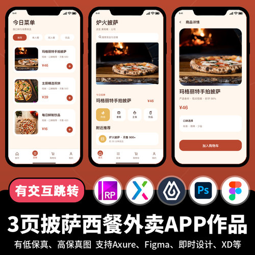 3页figma即时设计披萨西餐餐饮外卖Axure交互跳转原型APP作品PSD