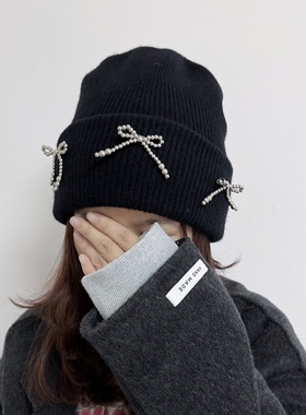 春蚕家定制~纯羊毛针织帽冬蝴蝶结装饰帽子女款2025新款时尚洋气