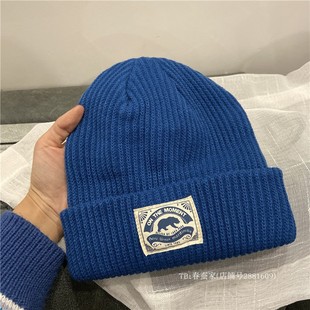 显白宝蓝色 焦糖色针织帽女韩国ins潮显脸小贴布帽子秋冬细毛线帽