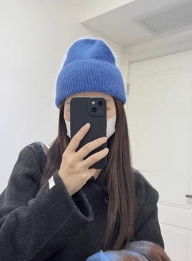 出口韩国~很韩的蓝色显白兔毛针织毛线帽女ins秋冬时髦显脸小帽子