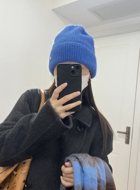 韩国单~金属B字母扣蓝色兔毛针织毛线帽女冬天显脸小帽子保暖冷帽