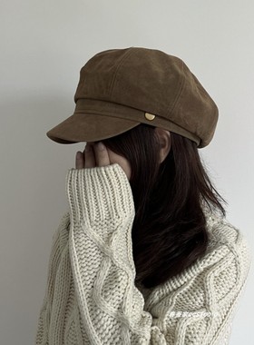 出口韩国~时髦棕色报童帽女秋冬英伦风麂皮绒八角帽百搭画家帽子