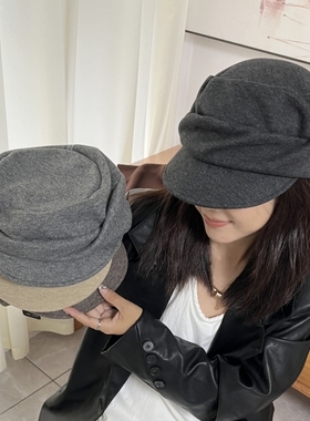出口日本~羊毛蚕丝混纺慵懒山本风平顶褶皱马术帽女冬季时髦帽子