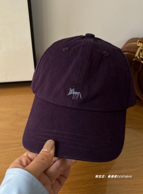 显白紫色~韩国小众纯棉刺绣小狐狸棒球帽子男女宽檐显脸小鸭舌帽