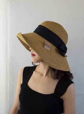 出口日本UVcut紫外线草帽女可折叠防晒帽子沙滩遮阳太阳帽大头围