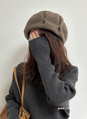 大版型显脸小~优雅褶皱纯色羊毛贝雷帽秋冬时尚百搭复古帽子女冬