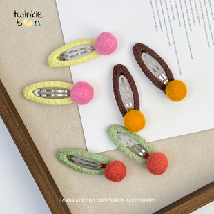 进口织带儿童发夹秋冬羊毛球发夹少女发卡儿童女童可爱边夹刘海夹