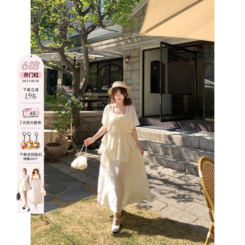 安妮不火 度假风蕾丝拼接连衣裙女微胖大码重工设计感收腰吊带裙