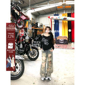 高腰阔腿牛仔裤 安妮不火波嬉裂革废土风破洞水洗牛仔裤 女微胖大码