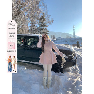 微胖大码 呢子风衣裙 连衣裙女新款 安妮不火双排扣花边拼接蝴蝶结袖