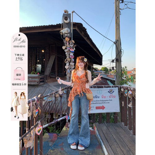 安妮不火 复古甜辣风蝴蝶结口袋喇叭牛仔裤女微胖收腰大码微喇裤