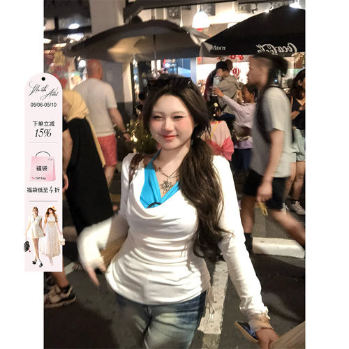 安妮不火 甜辣风撞色假两件上衣女2025春夏新款微胖大码纯欲长袖