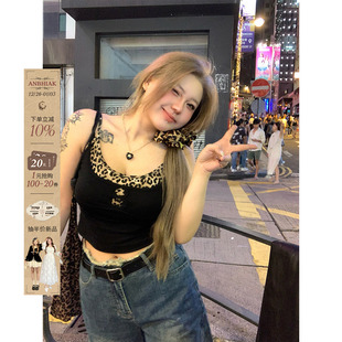 背心 微胖大码 安妮不火 性感甜辣风豹纹拼接假两件吊带女2024新款