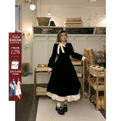 法式 安妮不火 撞色蝴蝶结连衣裙女2025秋季 荷叶边微胖显瘦小黑裙