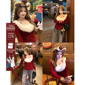 女微胖大码 安妮不火 古早感皮草拼接领口磨毛针织衫 收腰毛领上衣