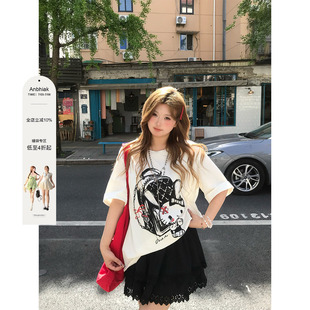 安妮不火 甜睫漫刊甜酷kitty印花针织T恤女微胖大码宽松短袖上衣