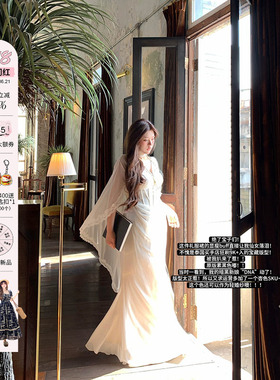 安妮不火银戒吻痕气质鱼骨雪纺女神拖尾裙女新款微胖大码半透视裙