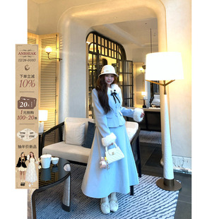 安妮不火 千金风两件套 毛毛拼接夹棉呢外套&绒里半身裙女微胖大码