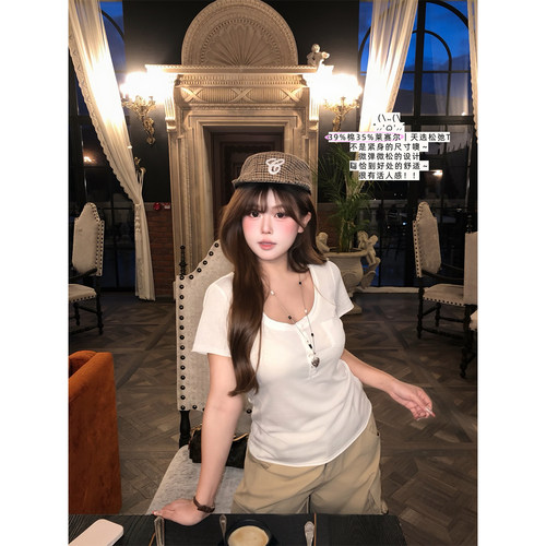 安妮不火 慵懒感贝壳扣雪花针织料微弹T恤女微胖大码显瘦短袖上衣
