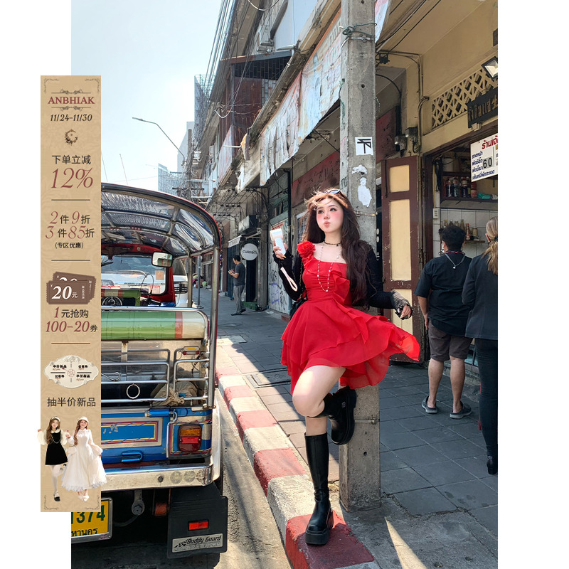 安妮不火赤蝶玫瑰巨显白收腰花朵雪纺裙女夏季微胖大码花朵吊带裙