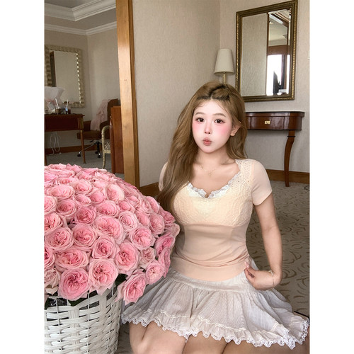 安妮不火 92莱赛尔蕾丝花边领口针织T恤女微胖大码甜欲感上衣短袖