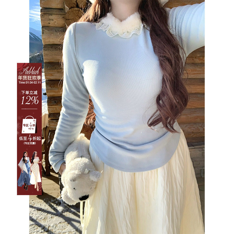 安妮不火毛毛花边拼接领缩褶磨毛针织衫女微胖大码法式内搭打底衫,女装/女士精品,毛针织衫,淘宝优惠券,粉丝福利购,淘宝优惠卷