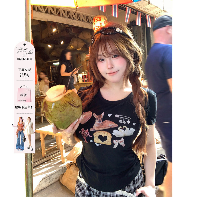 安妮不火 少女心ins风印花缩褶收腰针织T恤女微胖大码收腰小上衣