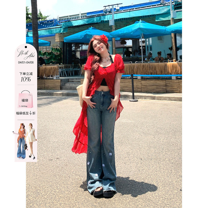 安妮不火度假风开叉红色连衣裙女2026夏季新款微胖大码不规则裙子