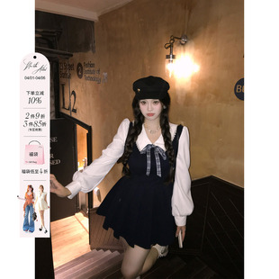 安妮不火 收腰公主短裙 学院风TR面料娃娃领百褶连衣裙女微胖大码