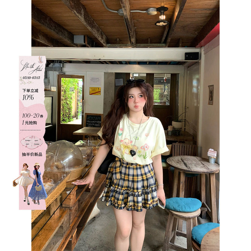 安妮不火奶昔格野木耳边绑带格纹半身裙女夏季微胖大码格子短裙子