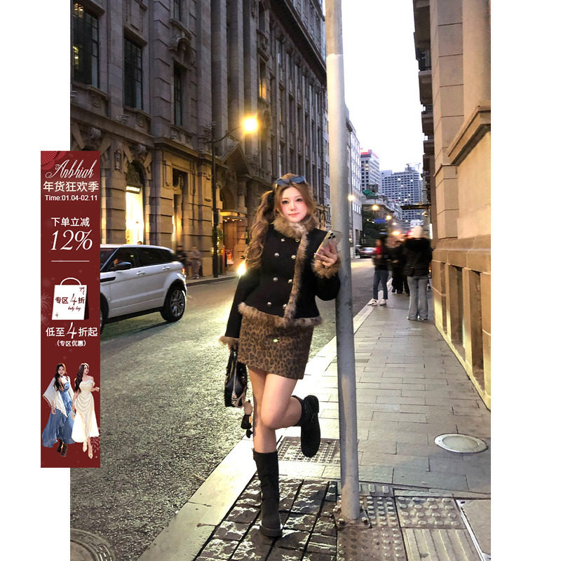 安妮不火 毛绒拼接夹棉呢外套&豹纹半裙女微胖大码收腰显瘦两件套,女装/女士精品,时尚套装,淘宝优惠券,粉丝福利购,淘宝优惠卷