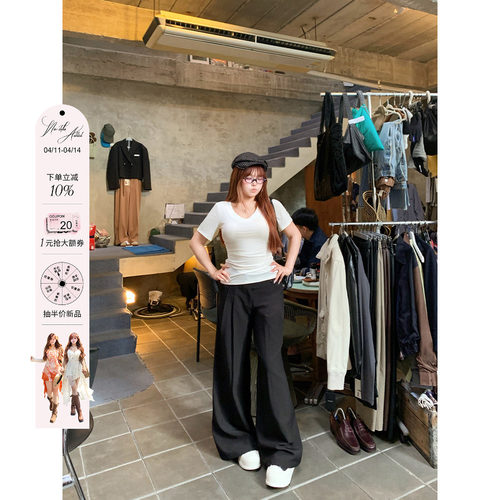 安妮不火 设计感中腰风琴褶直腿显瘦西裤女微胖大码垂感休闲长裤