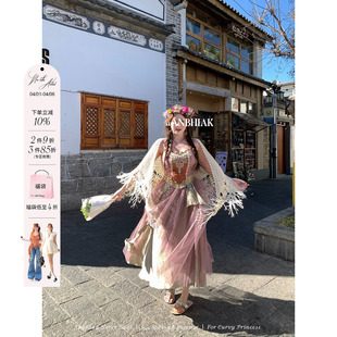 安妮不火 名族风吊带裙 vintage拼贴水溶蕾丝网纱拼接裙微胖大码