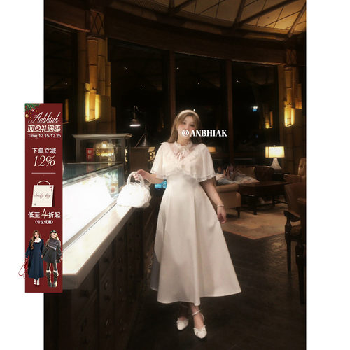 安妮不火木梨花缎带结甜美系斗篷千金裙女夏季新款微胖大码公主裙