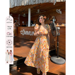 安妮不火海边度假纯棉碎花长裙女2026春夏新款 收腰连衣裙 微胖大码