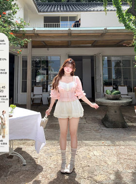 安妮不火 雪纺衫&吊带&裤裙少女风三件套女微胖大码甜美减龄套装