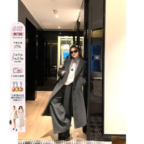 安妮不火 针织拼接撞色假两件呢子大衣女微胖大码中长款毛呢外套