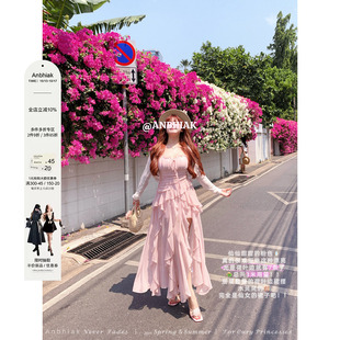 安妮不火 甜美荷叶边开叉吊带雪纺连衣裙女微胖大码渡假风两件套