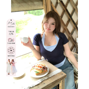 小上衣 收腰短袖 安妮不火 高甜汽泡雨撞色格纹挂脖针织T女微胖大码