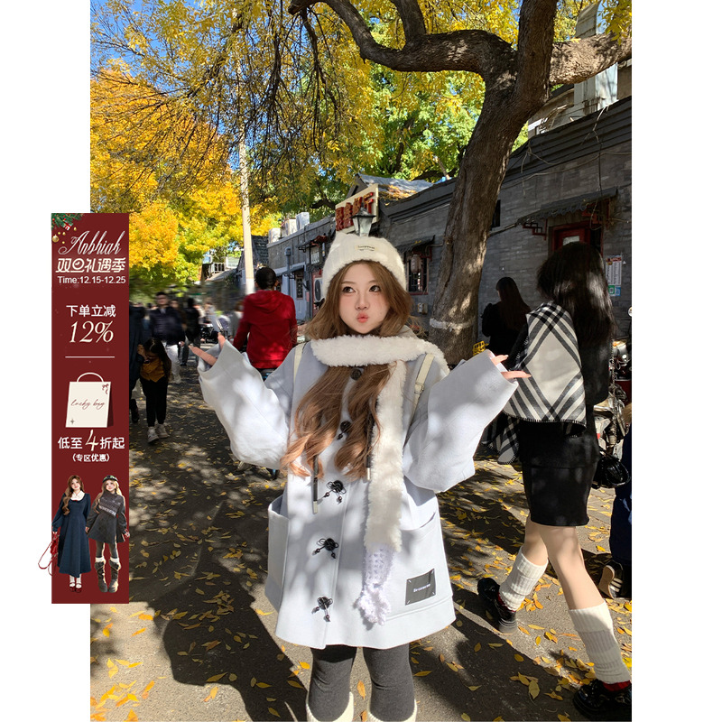 安妮不火 别致蝴蝶结扣夹棉连帽呢子外套女微胖大码显瘦毛呢大衣