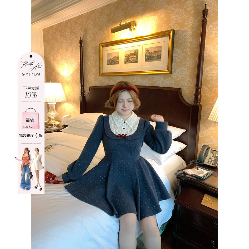 安妮不火 假两件波点印花绑带呢子连衣裙女微胖大码收腰千金风裙