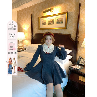 安妮不火 收腰千金风裙 假两件波点印花绑带呢子连衣裙女微胖大码